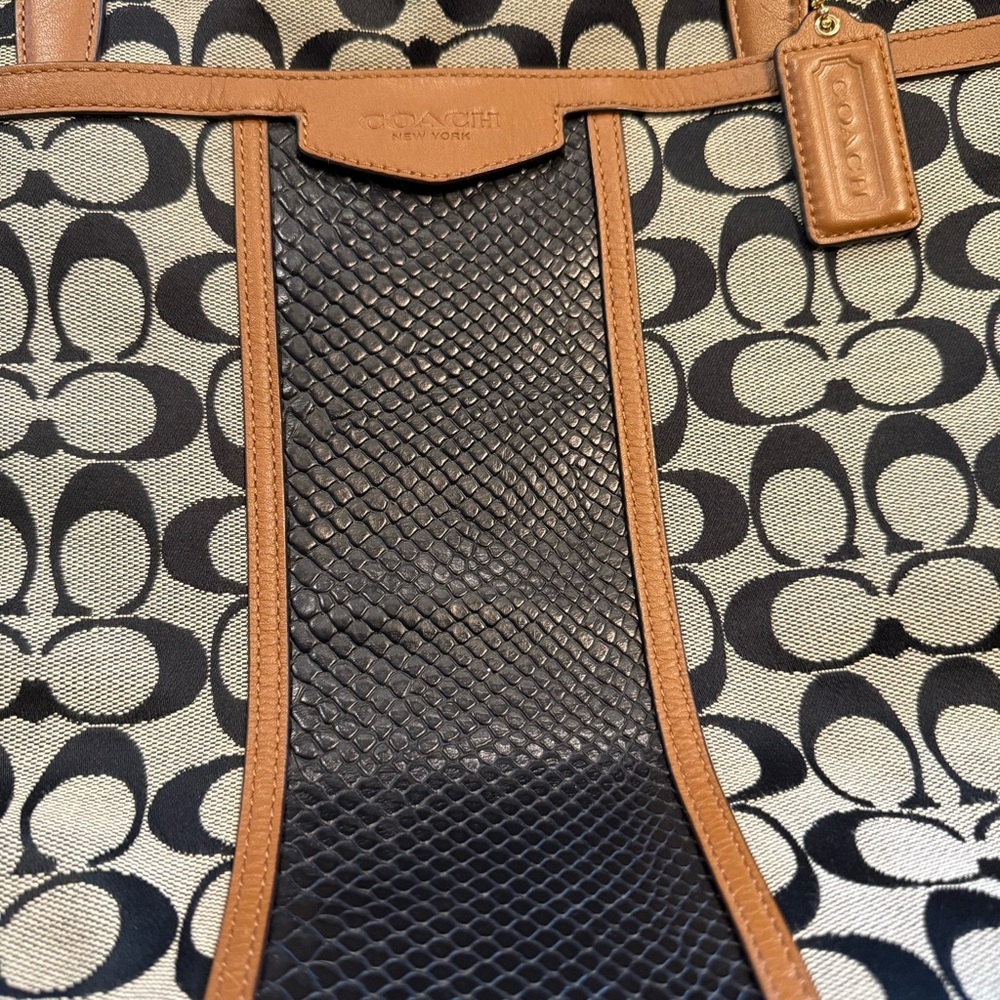 Coach Black Cream Signature Canvas Tote with Brown Leather Trim - Picture 3 of 12
